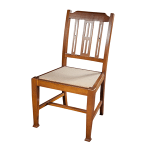 A stylish wooden dining chair with a beige seat and a slatted back design