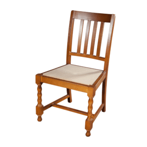 A classic wooden dining chair featuring a slatted back and spindle legs, designed for comfort and style.