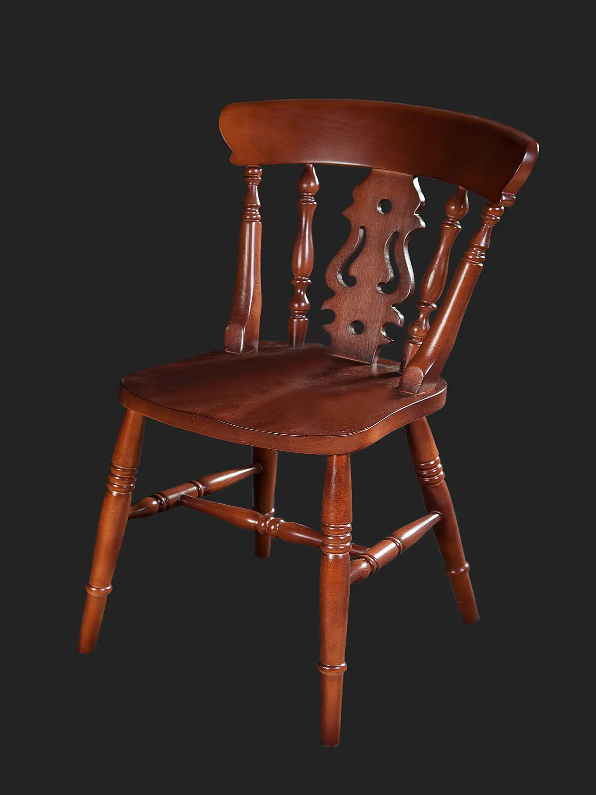 A beautifully crafted wooden chair featuring a decorative backrest, ideal for home or office use.