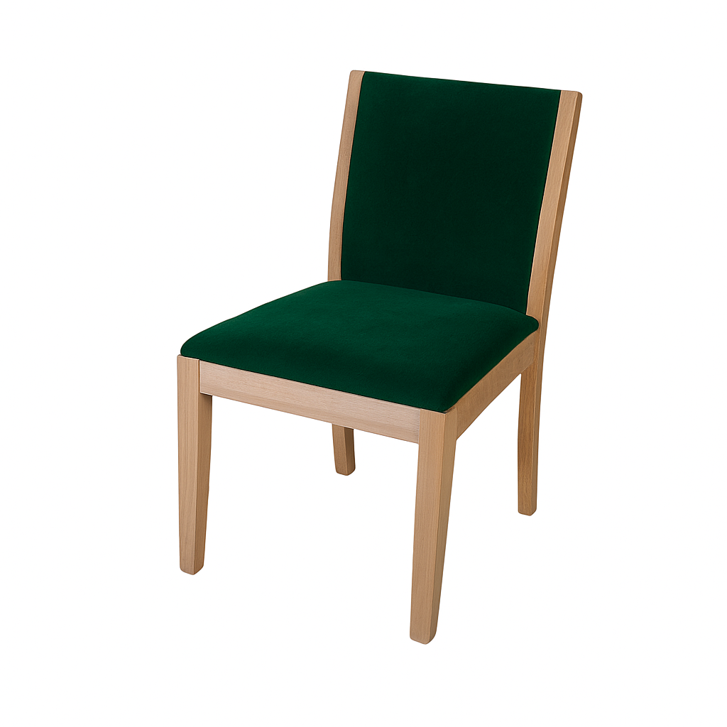 A stylish modern dining chair with a green upholstered seat and light wooden frame.