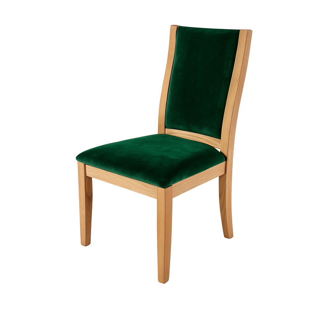 Stylish green velvet dining chair featuring a wooden frame and modern design