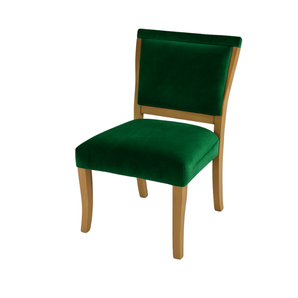 Stylish green velvet chair featuring a wooden frame, perfect for dining or accent seating.
