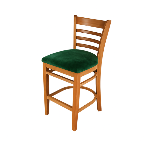 A wooden bar stool featuring a green fabric seat and a slatted back design.