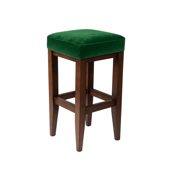 A stylish green velvet bar stool with a wooden frame, perfect for modern interiors.