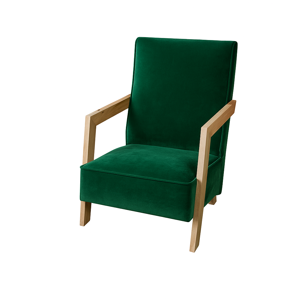 A modern green velvet armchair featuring a wooden frame, perfect for contemporary home decor.