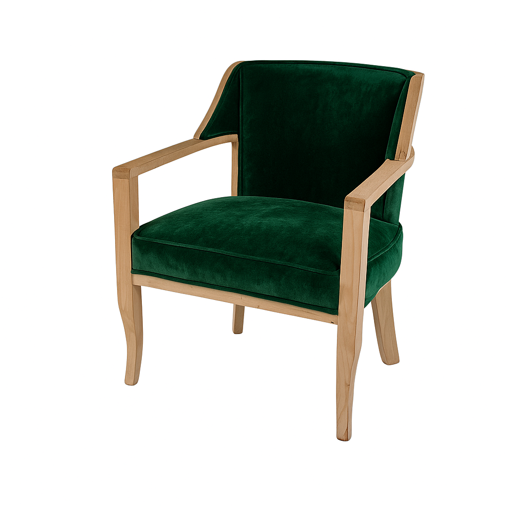 Stylish green velvet accent chair featuring a wooden frame and armrests