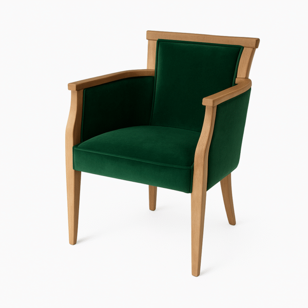A stylish green velvet armchair featuring a wooden frame and armrests, perfect for modern interior design.