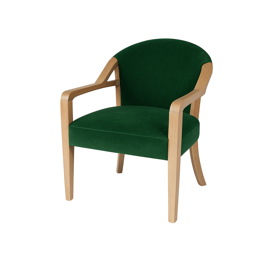 Green upholstered armchair featuring wooden arms and legs, ideal for modern decor