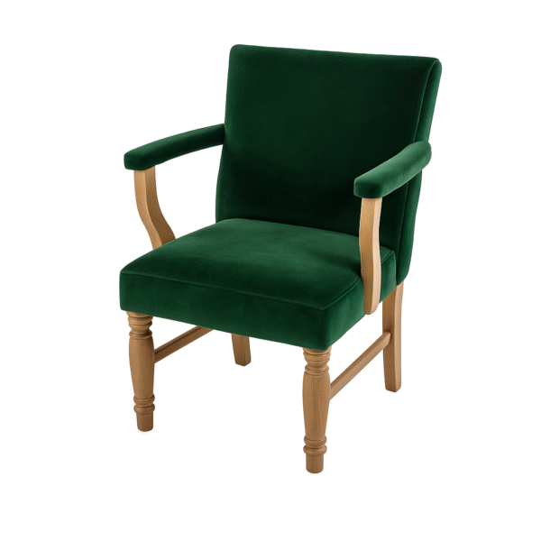 A stylish green velvet armchair featuring wooden arms and legs, perfect for home decor or office use.