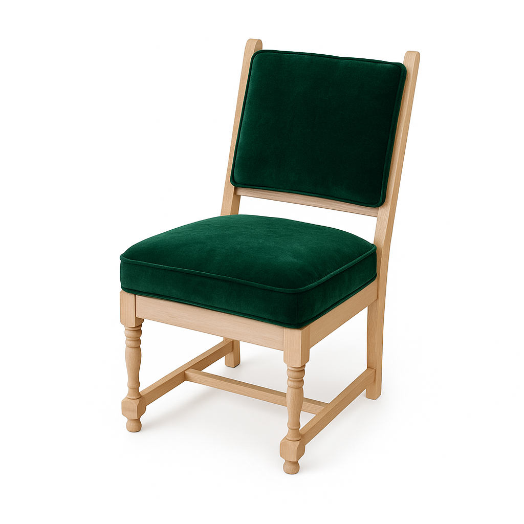 A stylish green chair with a padded seat and backrest, featuring wooden legs.
