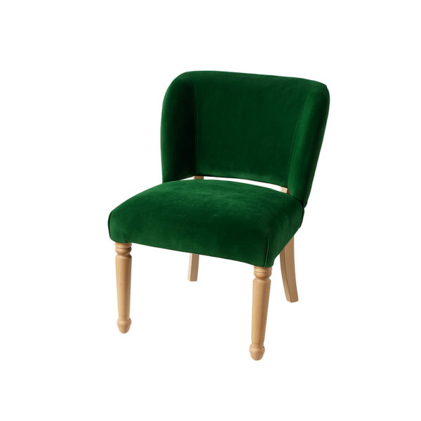 Stylish green upholstered chair featuring a modern design and wooden legs.