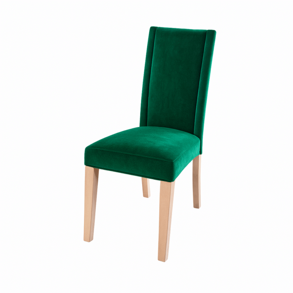 Stylish green dining chair with a comfortable upholstered seat and light wooden legs