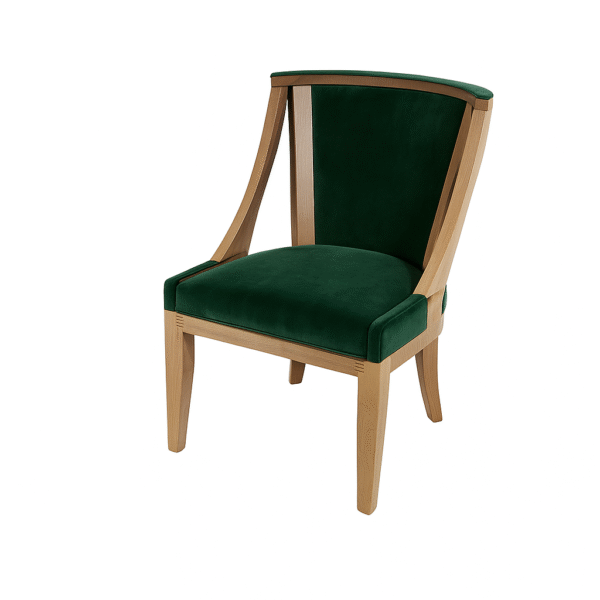 A stylish green upholstered chair featuring a wooden frame, ideal for modern living spaces.