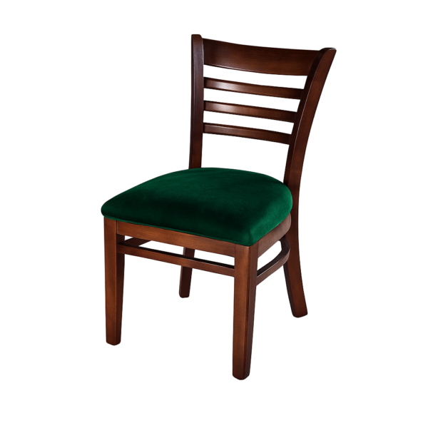 A stylish wooden dining chair featuring a slatted back and a plush green seat cushion.