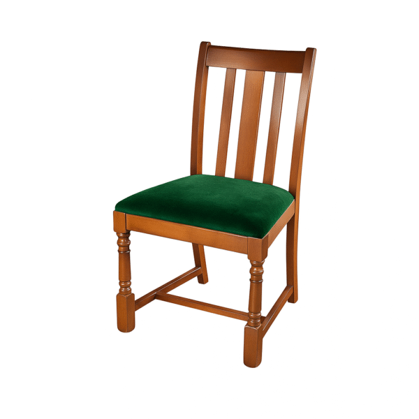 Stylish wooden chair featuring a green velvet seat upholstery, suitable for dining or home decor.