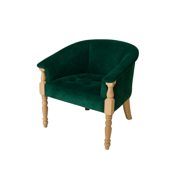 A stylish green velvet armchair featuring wooden legs and a tufted design.