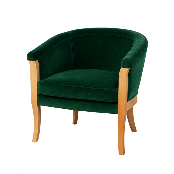 A stylish green velvet accent chair featuring a comfortable curved design and natural wood legs.
