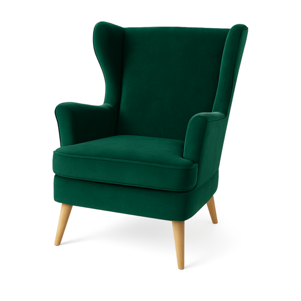 A stylish green wingback chair with wooden legs, perfect for adding a touch of sophistication to any room.