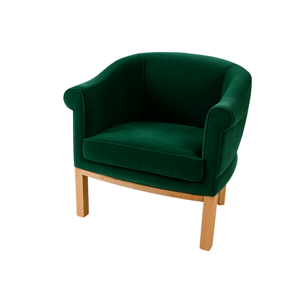 Stylish green velvet armchair featuring a curved design and light wooden legs