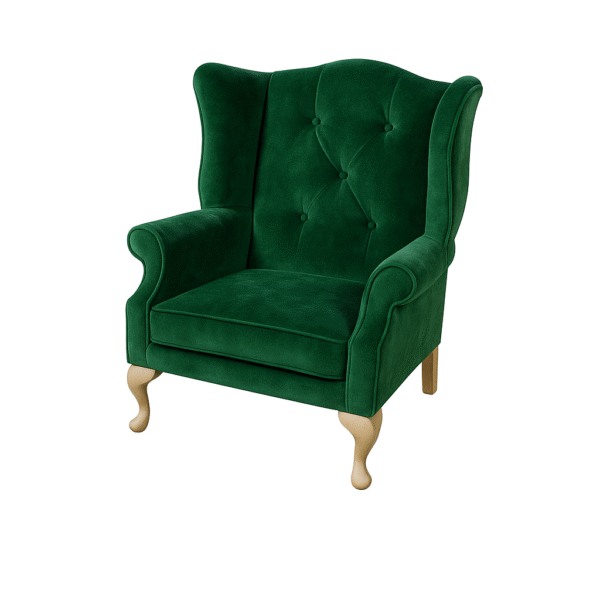 Stylish green velvet armchair featuring a high back, plush tufting, and light wooden legs, perfect for adding a touch of luxury to any living space.