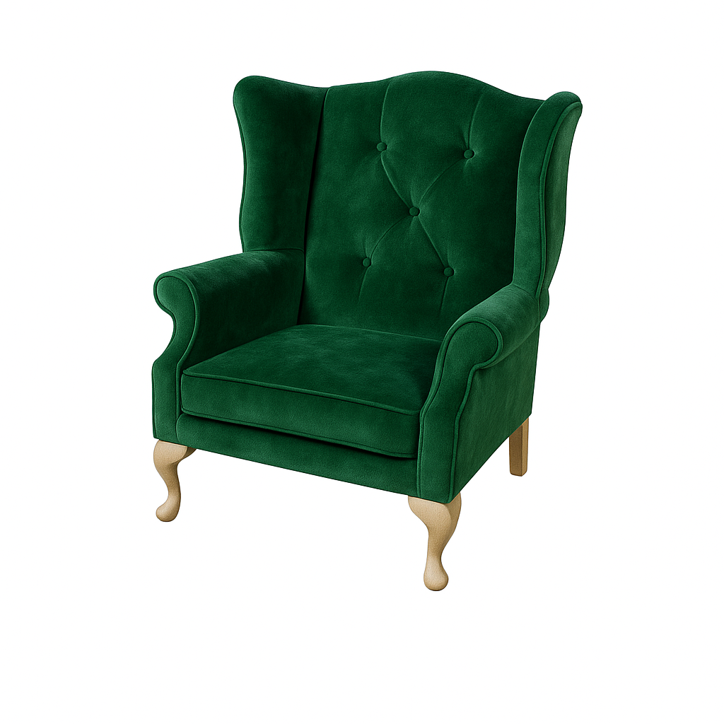 Stylish green velvet armchair featuring a high back, plush tufting, and light wooden legs, perfect for adding a touch of luxury to any living space.