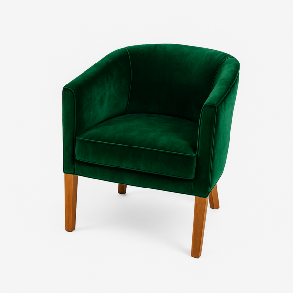 A comfortable green velvet armchair featuring wooden legs, ideal for modern living spaces.