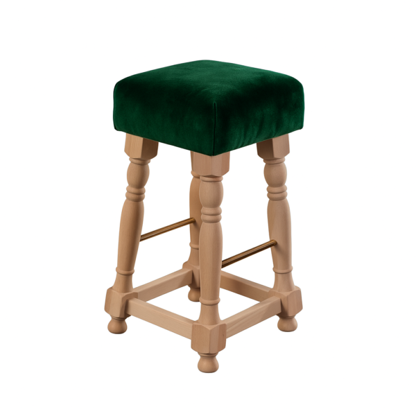 Stylish bar stool featuring a green velvet seat and light wooden legs, perfect for modern interiors.