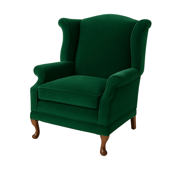 A stylish green wingback chair with wooden legs, perfect for adding a touch of sophistication to any room.