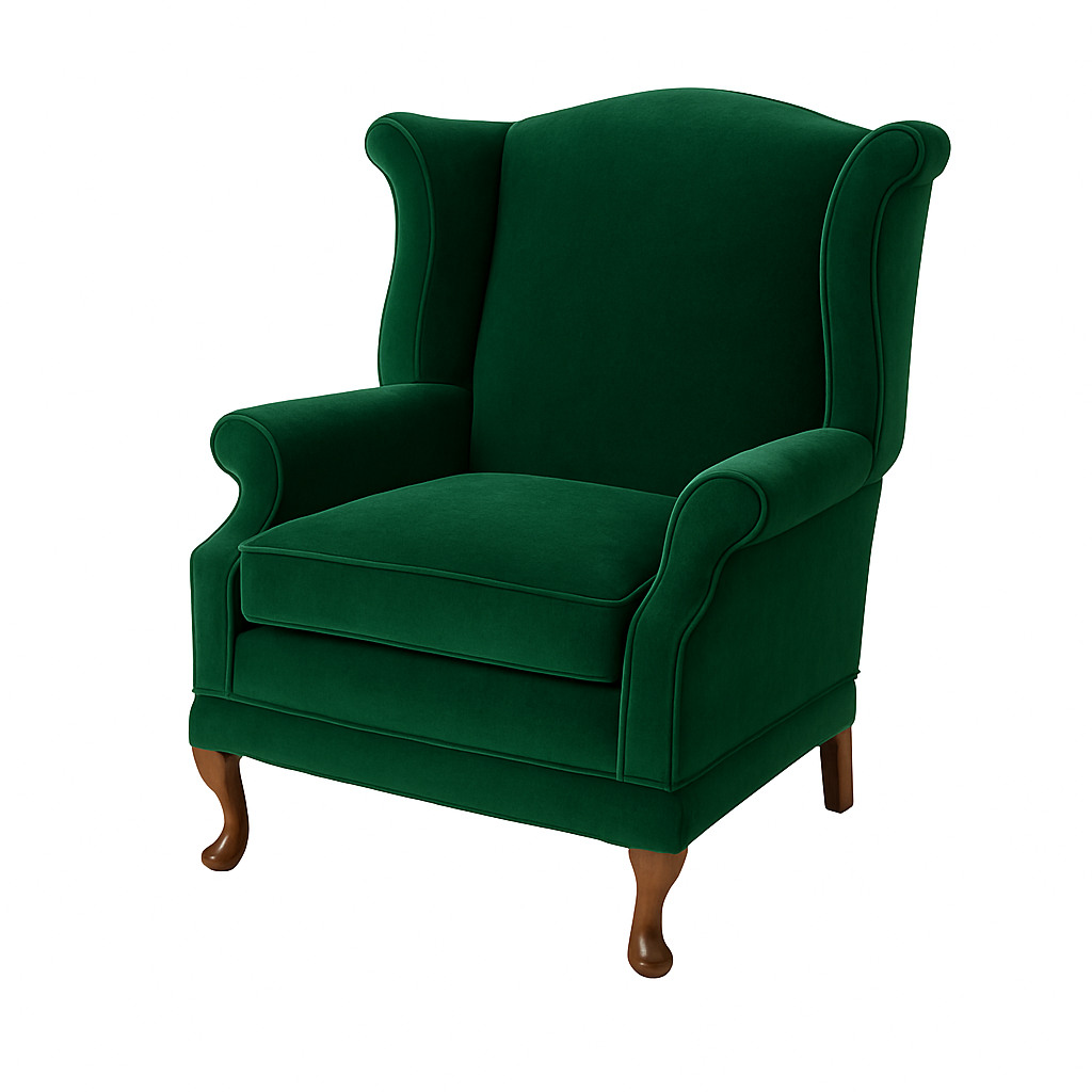A stylish green wingback chair with wooden legs, perfect for adding a touch of sophistication to any room.