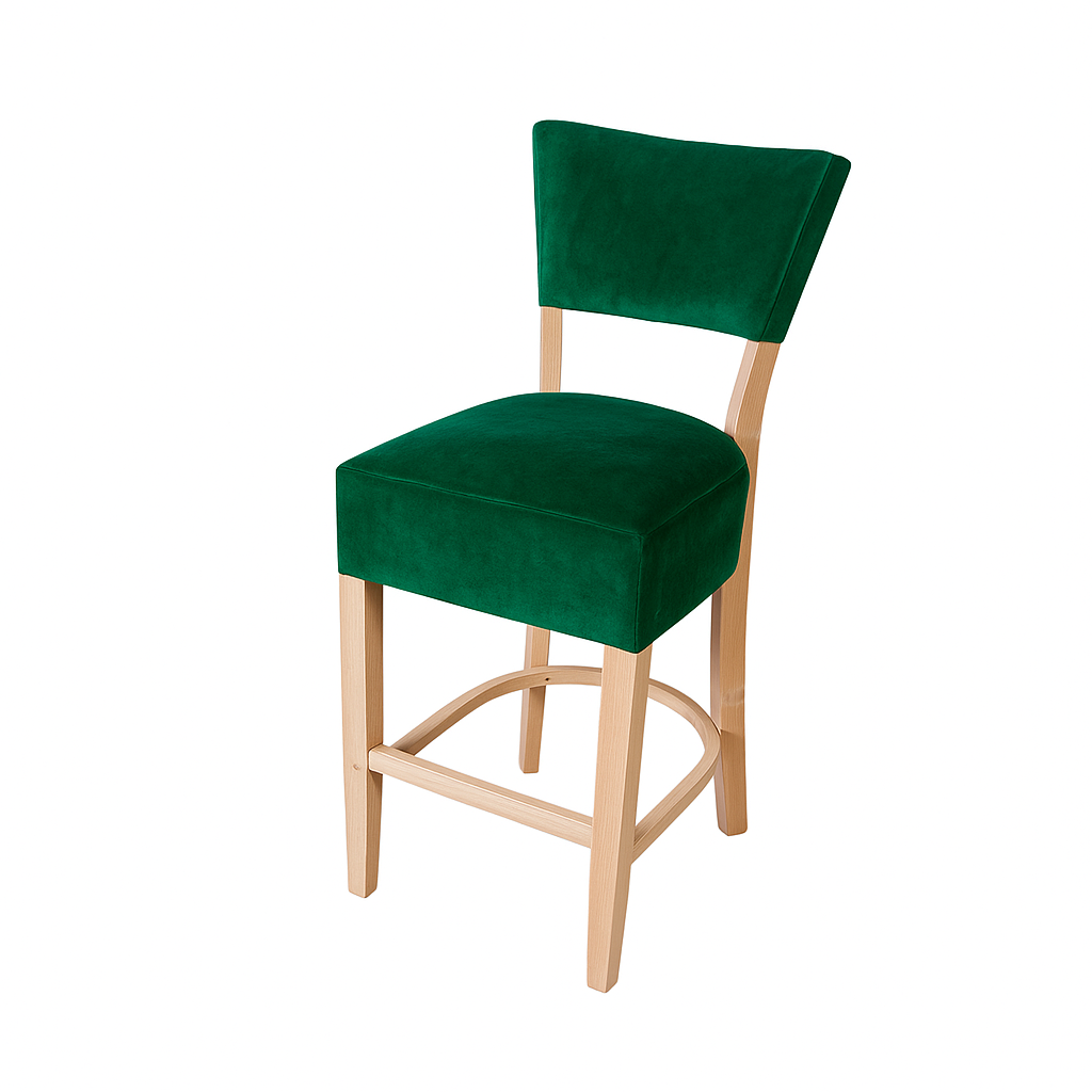 Stylish green bar stool with a wooden base and soft velvet upholstery