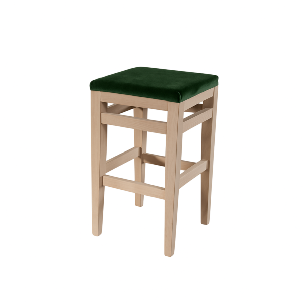 A wooden bar stool featuring a green cushioned seat and a simple design, suitable for home or bar use.