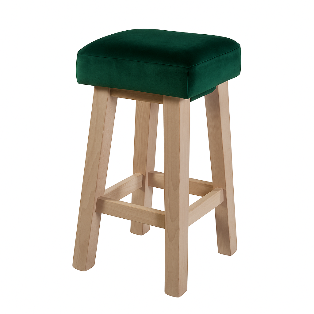 Green upholstered bar stool with wooden legs and a square seat.