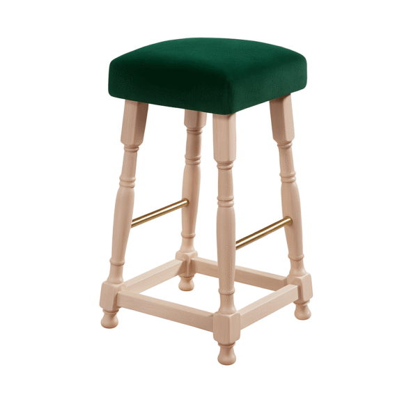 Stylish green stool with a cushioned seat and wooden frame, perfect for modern dining spaces.