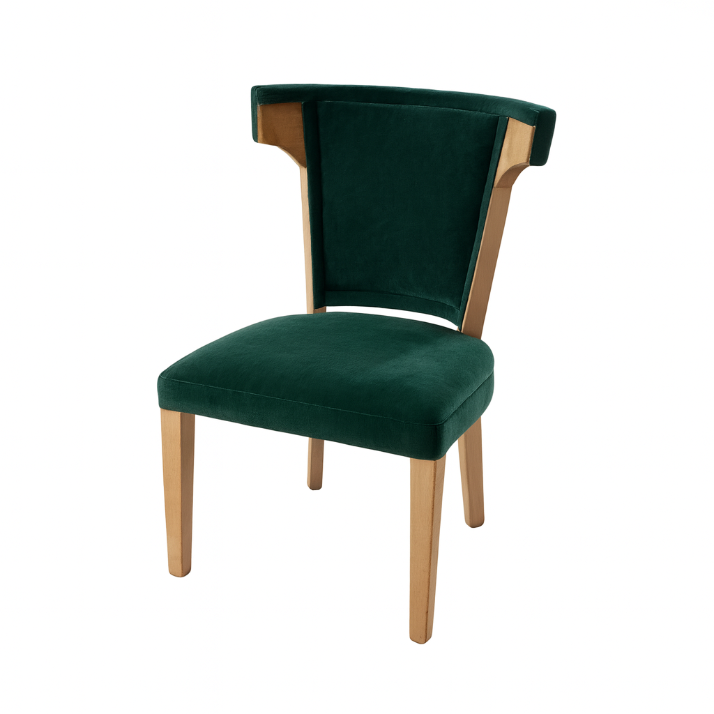 A stylish green chair featuring a modern design with wooden legs, ideal for home décor.