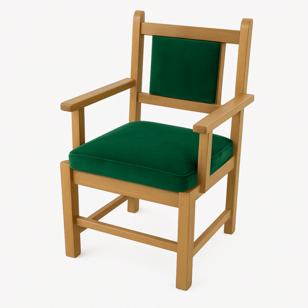 A wooden armchair featuring a green cushion and backrest, designed for comfort and style.