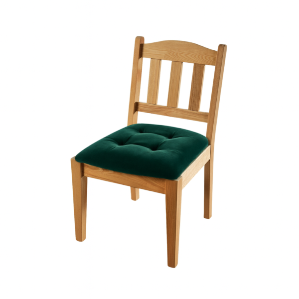 A stylish wooden chair featuring a green velvet cushion, perfect for home or office decor.