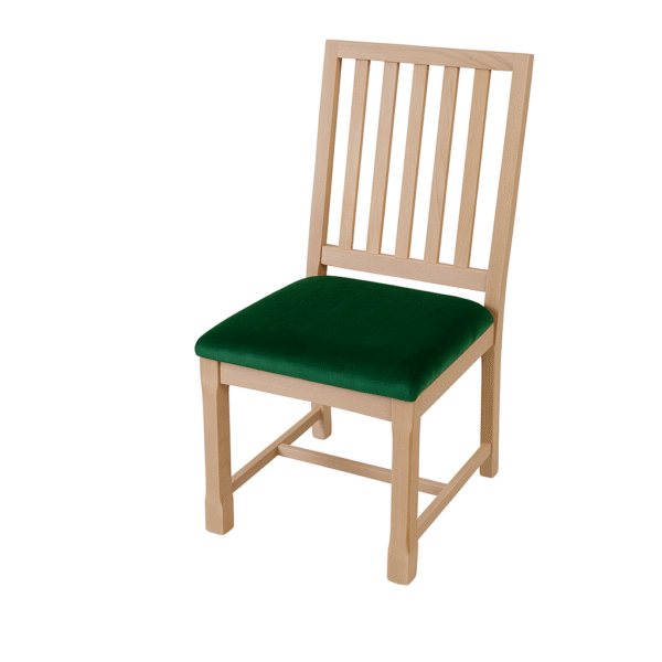 A wooden chair featuring a slatted back and a green cushioned seat, ideal for dining or home decor.