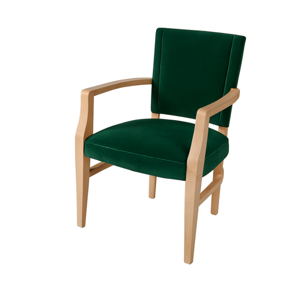 A stylish green upholstered armchair with wooden legs and armrests, perfect for modern interior design.
