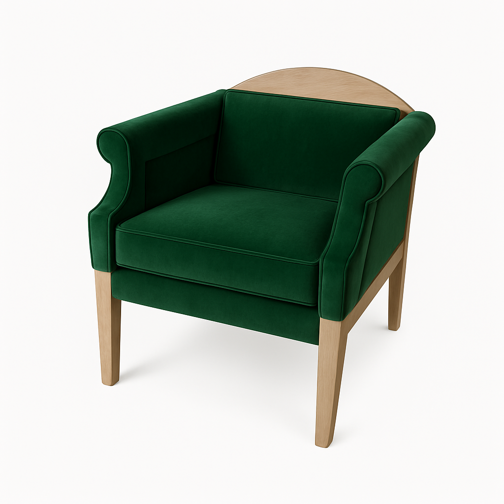 A modern green velvet accent chair with wooden legs and armrests