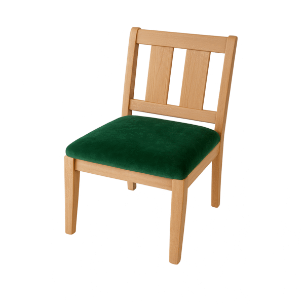 A simple wooden chair featuring a light wood finish and a plush green cushion seat, ideal for home or office decor.