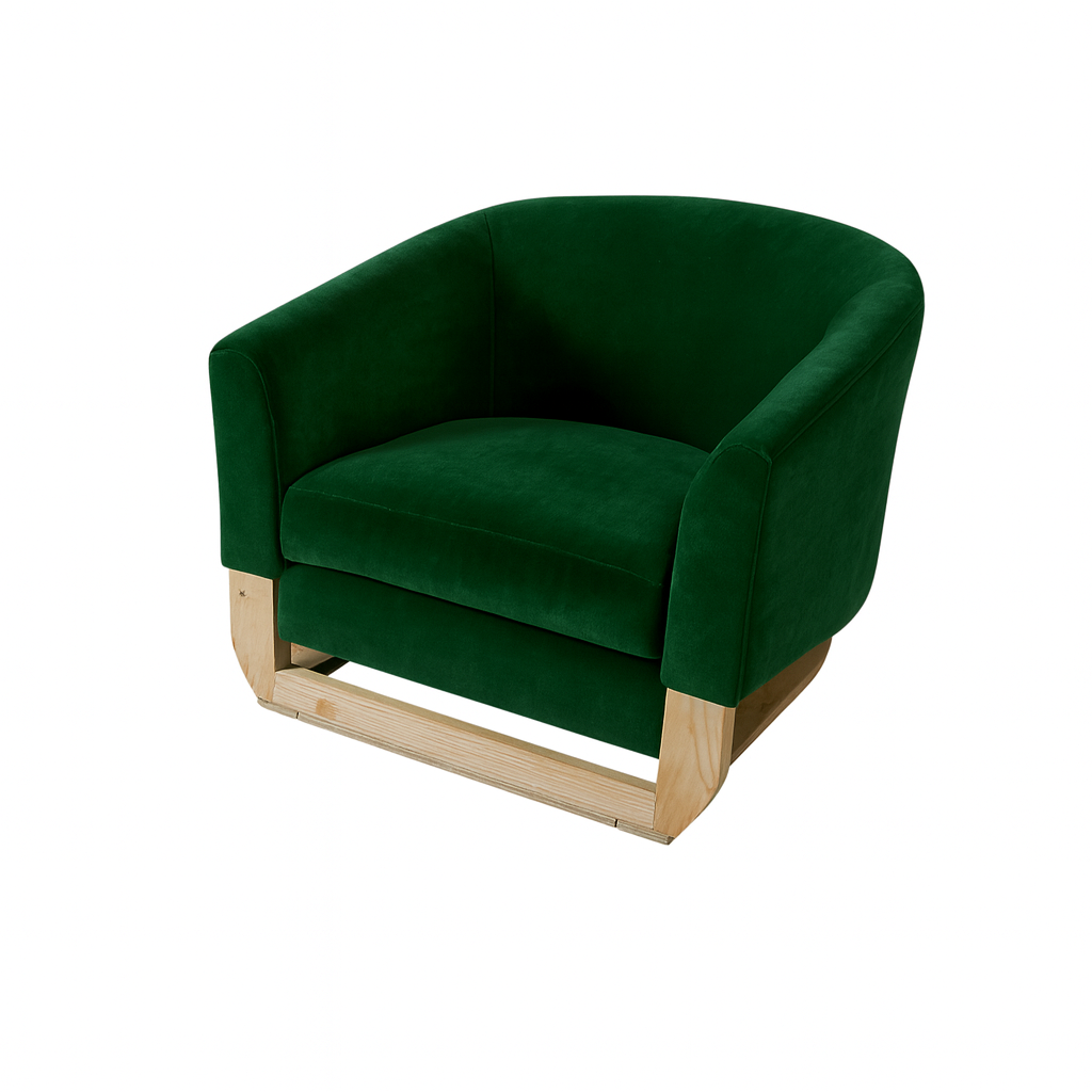 Stylish green armchair with a wooden base, perfect for contemporary living spaces.