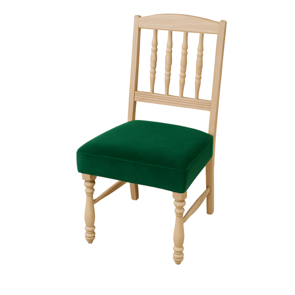 Wooden dining chair with green upholstery and decorative legs