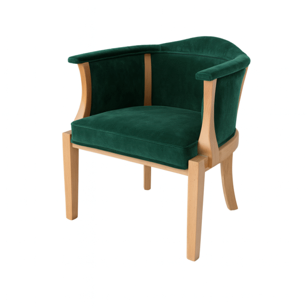 A stylish green armchair featuring a plush upholstery and wooden legs, perfect for any modern interior decor.