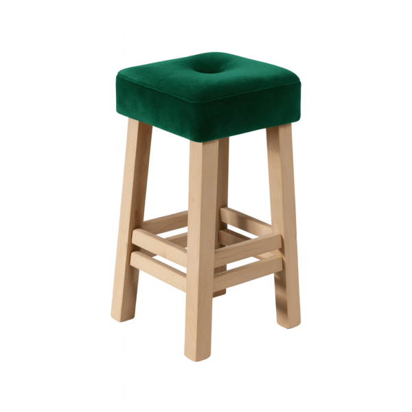 Green upholstered stool with a wooden frame, designed for comfort and style.