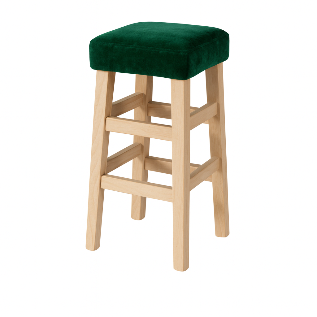 Stylish green velvet bar stool featuring a sturdy wooden frame.