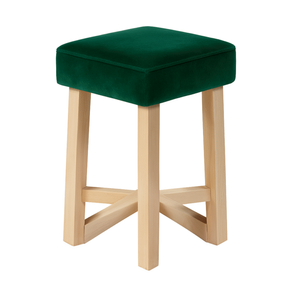 A stylish green velvet stool featuring a simple design with wooden legs.