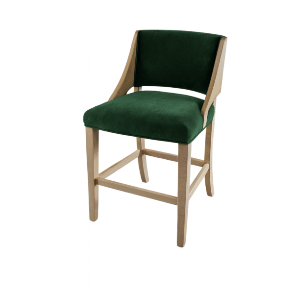 A stylish green upholstered bar stool featuring a light wooden frame, perfect for modern home décor.