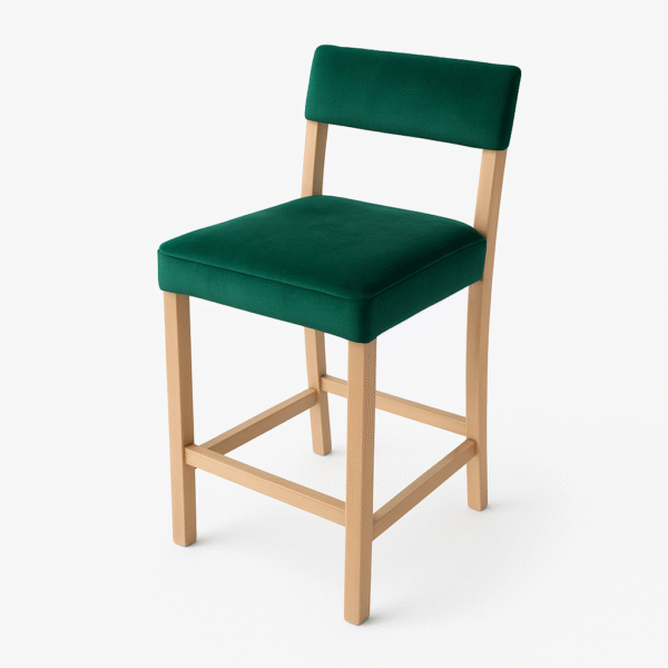 Stylish green bar stool featuring a comfortable upholstered seat and natural wooden frame