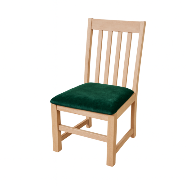 A wooden chair featuring a slatted back and a green velvet seat cushion, ideal for dining or accent furniture.