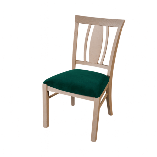 A stylish wooden dining chair featuring a green cushioned seat and detailed backrest design.